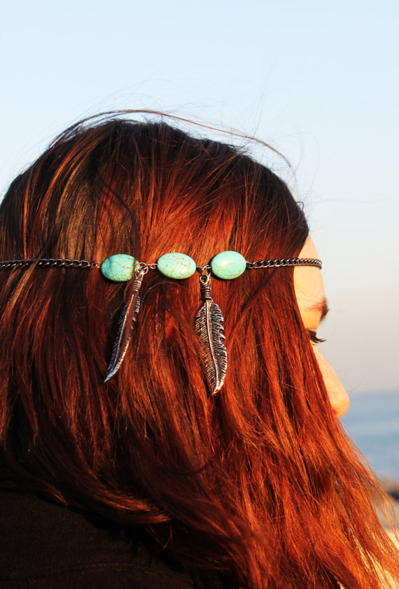 Istanbul - Leaves & Beads Turkish Turquoise Bead Headchain Headdress Hippie Hipster Bohemian Boho Style 2013's Trend Festival