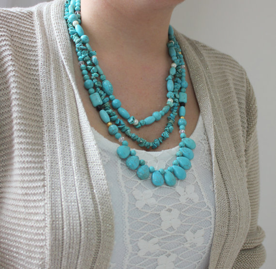 Turquoise Beaded Necklace- Gypsy Bohemian Hippie Hipster Turquoise Bead Silver Necklace